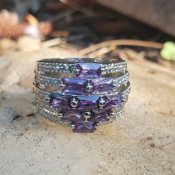 Beautiful Amethyst White Gold Rhodium Plated Ring, Wide Band NWOT - Picture 6 of 6
